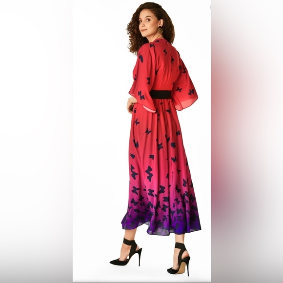 Wayward Fancies eShakti Kimono Sleeve Ombre Butterfly Print Crepe Dress Size 16 - Picture 8 of 8